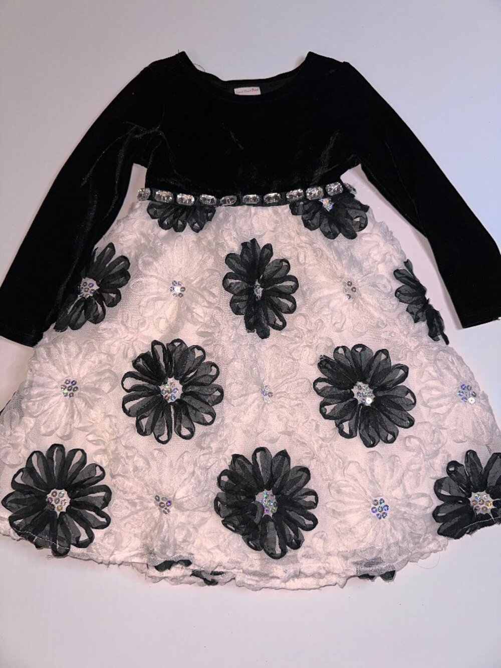 Sweet Heart Rose 5 girls black white floral dress 3D flowers & rhinestones #665